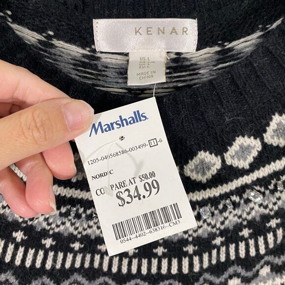 Kenar Women Black & Grey Lambswool Blend Bejeweled Fair Isle Sweater Size L NWT - Picture 4 of 10